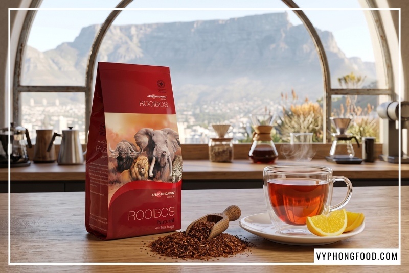 Gói trà African Dawn đặt trên quầy bar hỗ trợ phối trộn trà thảo mộc rooibos sỉ chuẩn vị Nam Phi.