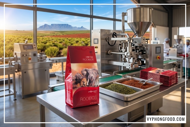 Gói hồng trà African Dawn tại xưởng sản xuất phục vụ phối trộn trà thảo mộc rooibos sỉ chính ngạch.
