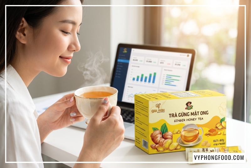 Hộp sản phẩm QNA Farm màu vàng rực rỡ bên cạnh ly trà bốc khói ấm áp, minh họa cho thông tin giá 1 hộp trà gừng mật ong gói hòa tan chính hãng tại VyPhongFood TP.HCM giúp dân văn phòng giải cảm, trị ho hiệu quả.
