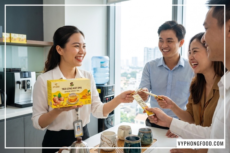 Đồng nghiệp văn phòng vui vẻ chia sẻ các gói trà gừng hòa tan từ hộp QNA Farm, minh họa trực quan giúp người đọc biết địa chỉ mua trà gừng mật ong chính hãng và mức giá 1 hộp trà gừng hợp lý tại VyPhongFood TP.HCM.
