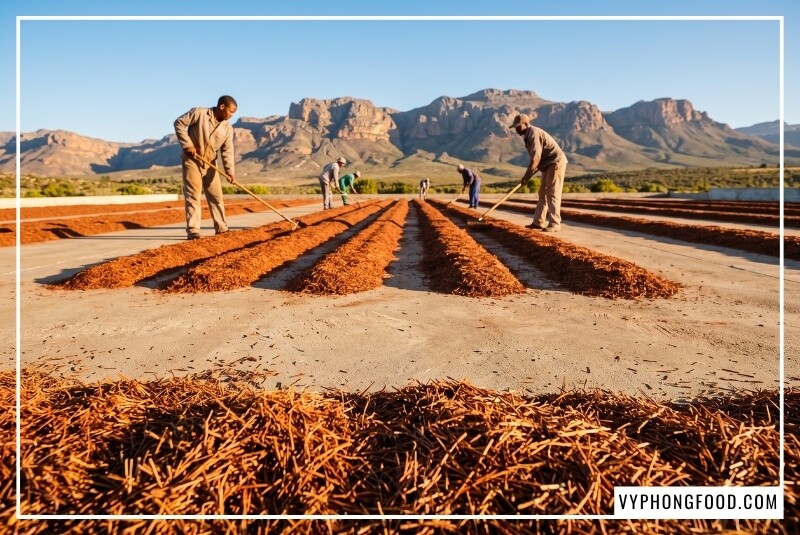 Những luống trà rooibos đỏ phơi dưới nắng tại vùng Cederberg, Nam Phi.