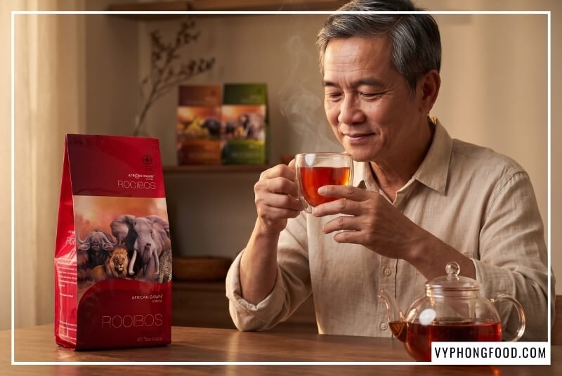Người đàn ông thưởng thức ly trà rooibos túi lọc Nam Phi màu đỏ đất ấm áp bên bàn gỗ.