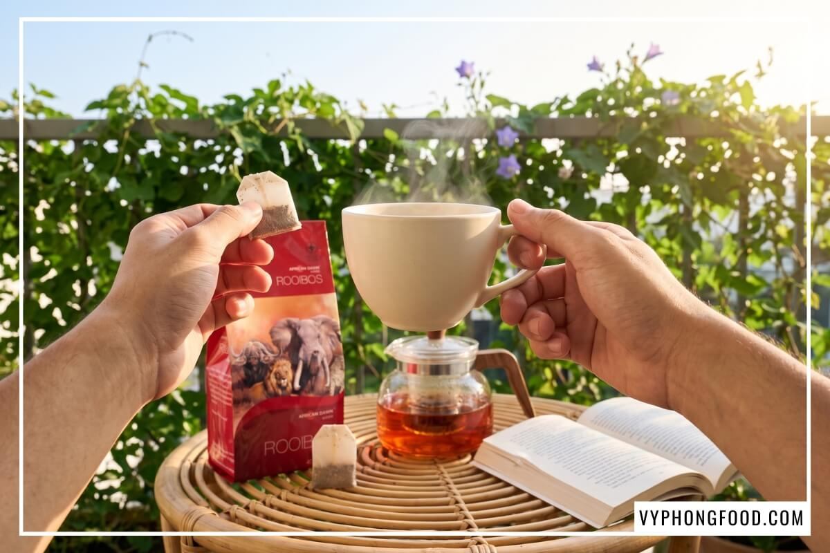 Đôi tay nâng tách trà ấm bên hộp trà thảo mộc túi lọc African Dawn trong bài review trà rooibos túi lọc.