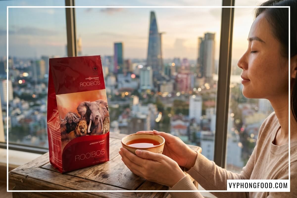 Túi trà thảo mộc African Dawn và tách trà đỏ hổ phách cữ chiều trong bài review trà rooibos túi lọc.