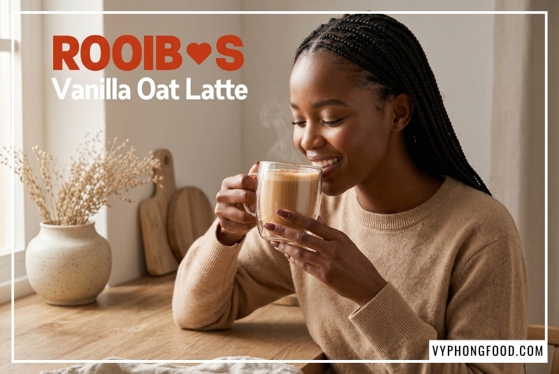 Một ly trà sữa rooibos vani yến mạch (Rooibos Vanilla Oat Latte) ấm nóng với lớp bọt sữa mịn màng và bột quế, được pha chế thủ công từ trà rooibos Nam Phi nguyên bản. Đây là thức uống lý tưởng từ trà thảo mộc không chứa caffeine, sử dụng trà rooibos túi lọc tiện lợi, mang đến trải nghiệm thưởng thức rooibos tea chuẩn vị như một loại trà thảo mộc lành mạnh, giúp nuôi dưỡng sức khỏe mỗi ngày.
