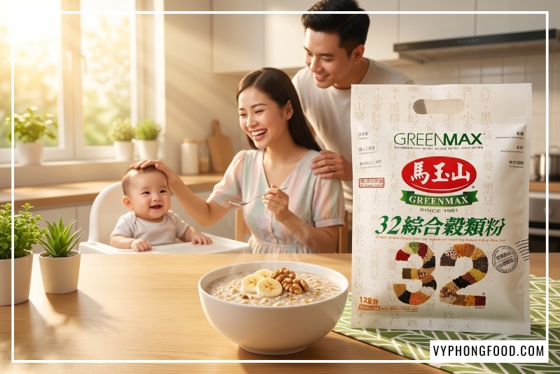 Túi bột ngũ cốc dinh dưỡng cho mẹ sau sinh từ 32 loại hạt Greenmax Đài Loan đặt cạnh tô ngũ cốc nóng hổi trong căn bếp hiện đại, phía sau là người mẹ trẻ đang vui vẻ đút cho em bé ăn cùng chồng mỉm cười hạnh phúc.