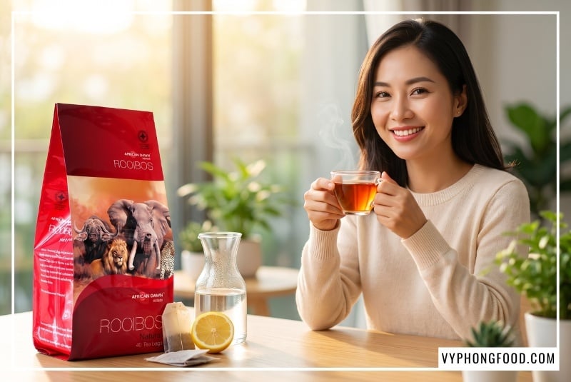 A smiling woman holds a glass cup beside a package of South African rooibos tea in Vietnam on an oak desk.
