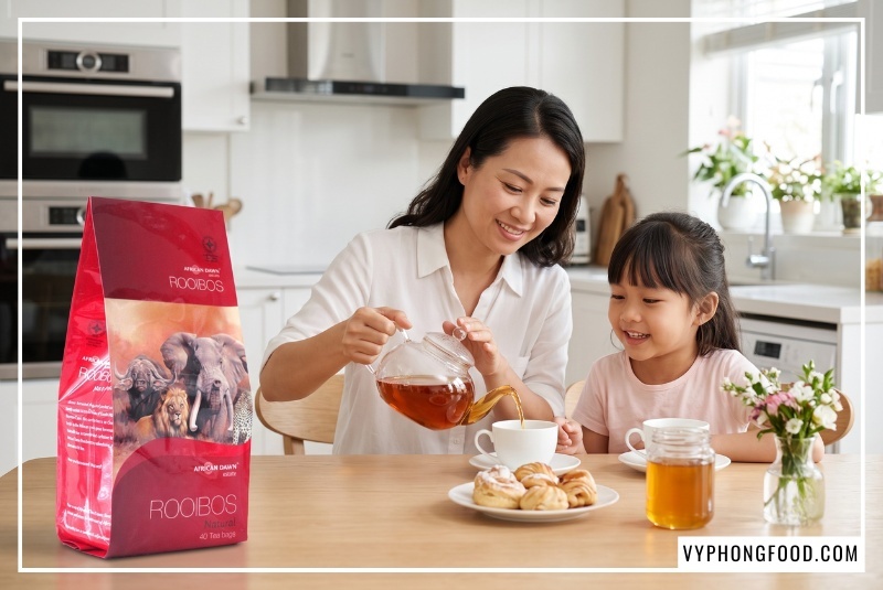 A mother pours amber tea into a porcelain cup next to South African rooibos tea in Vietnam on a dining table.