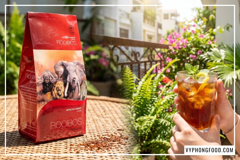 A young adult holds iced cold brew tea beside South African rooibos tea in Vietnam on a garden table.
