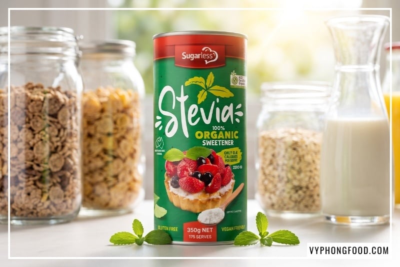 Mua đường cỏ ngọt stevia ở đâu chính hãng - Hình ảnh sản phẩm Đường cỏ ngọt Sugarless dạng lon 350g nhập khẩu từ Úc đặt trên bàn ăn sáng dinh dưỡng cùng yến mạch và sữa hạt, giải pháp đường ăn kiêng tối ưu giúp người tiểu đường ổn định đường huyết và chỉ số GI.