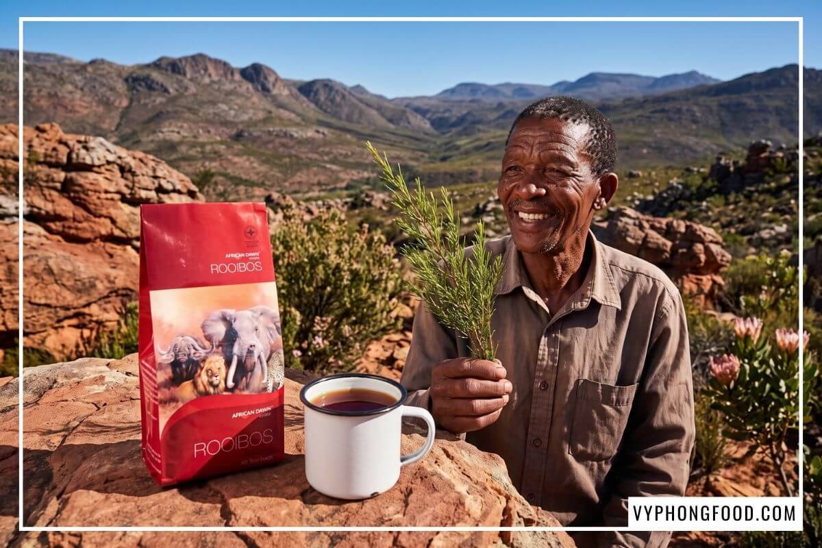 Người nông dân Nam Phi cầm cành trà rooibos tươi cạnh gói trà African Dawn trên phiến đá núi Cederberg.