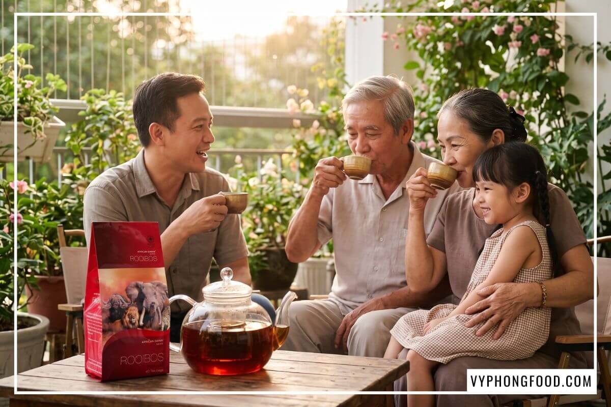 Gia đình ba thế hệ cùng uống trà rooibos Nam Phi bên gói trà thảo mộc thương hiệu African Dawn trên bàn gỗ ngoài ban công rợp bóng cây.