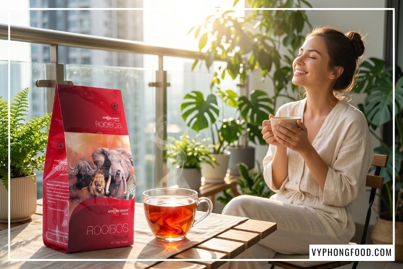 Người phụ nữ mỉm cười đón nắng bên gói trà African Dawn, khám phá thành phần trà thảo mộc Rooibos không chứa caffeine.