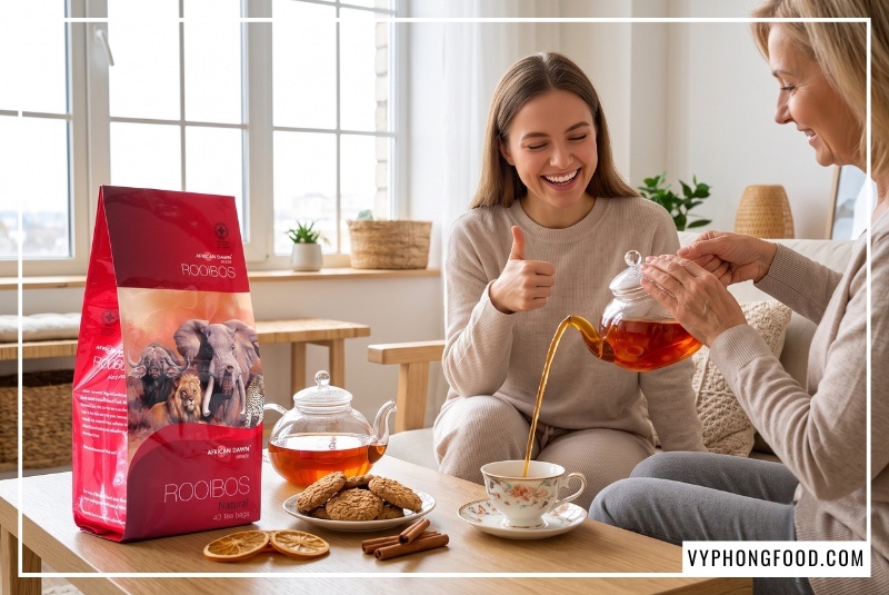 Mẹ rót trà chiều cho con và giơ tay hài lòng về chất lượng, đánh giá thành phần trà thảo mộc Rooibos Nam Phi an toàn.