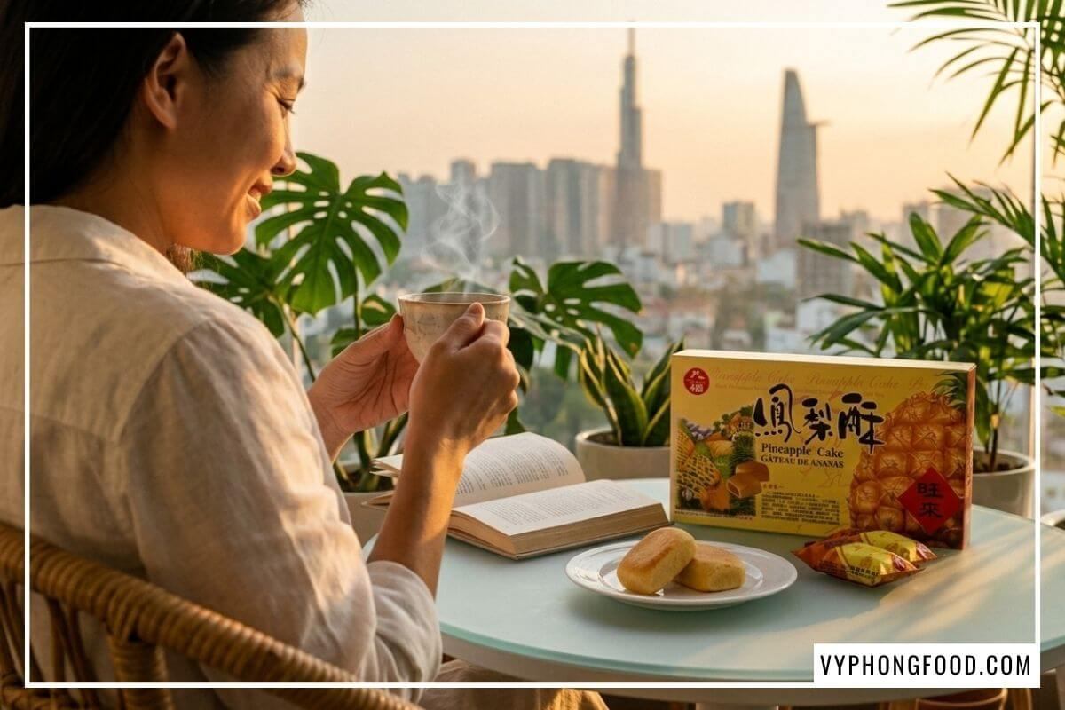 Tách trà nghi ngút khói bên đĩa bánh và hộp Bánh dứa Đài Loan Nice Choice với vỏ bánh dứa thơm bơ