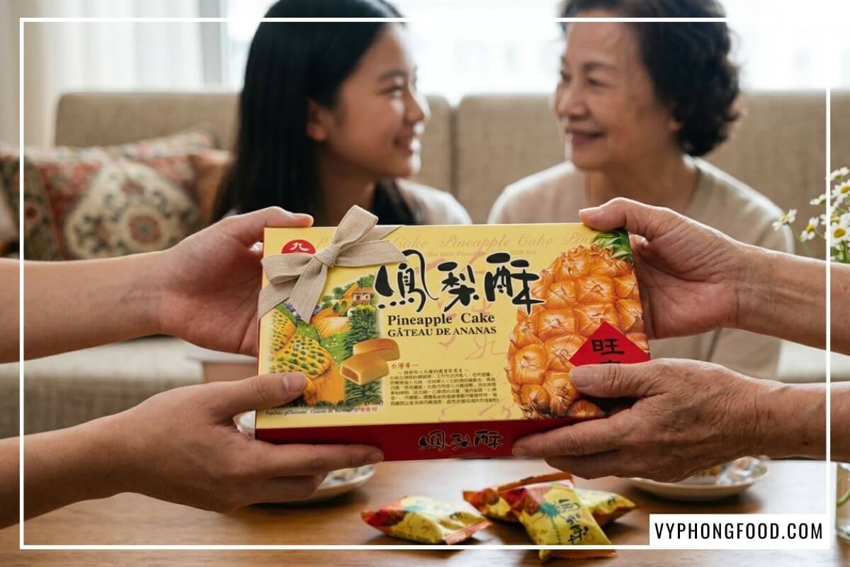 Đôi bàn tay trao nhận hộp Bánh dứa Đài Loan Nice Choice làm từ công thức làm bánh dứa truyền thống