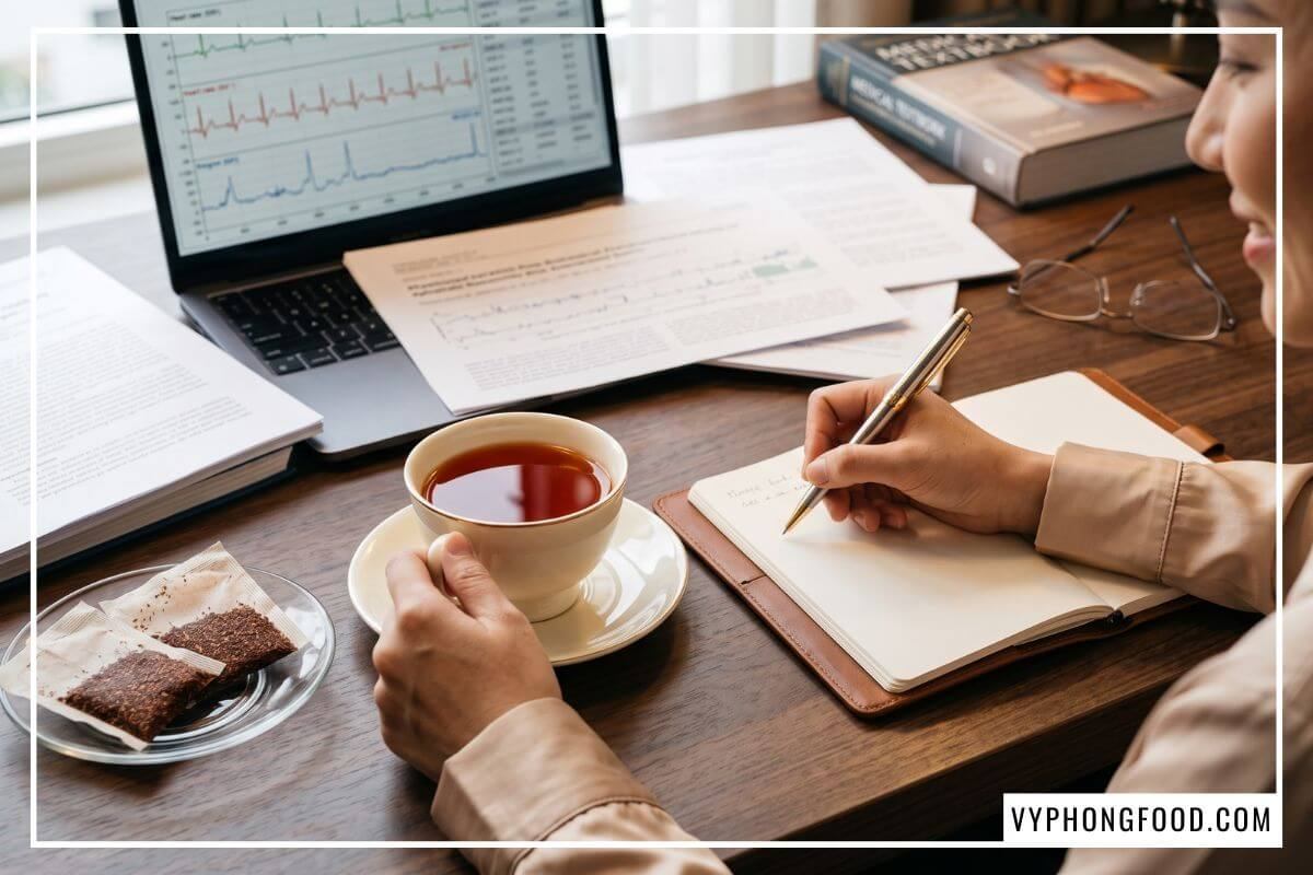 Tách hồng trà rooibos cạnh đĩa lá kim khô trên bàn làm việc chứng minh uống trà tốt cho sức khỏe tim mạch