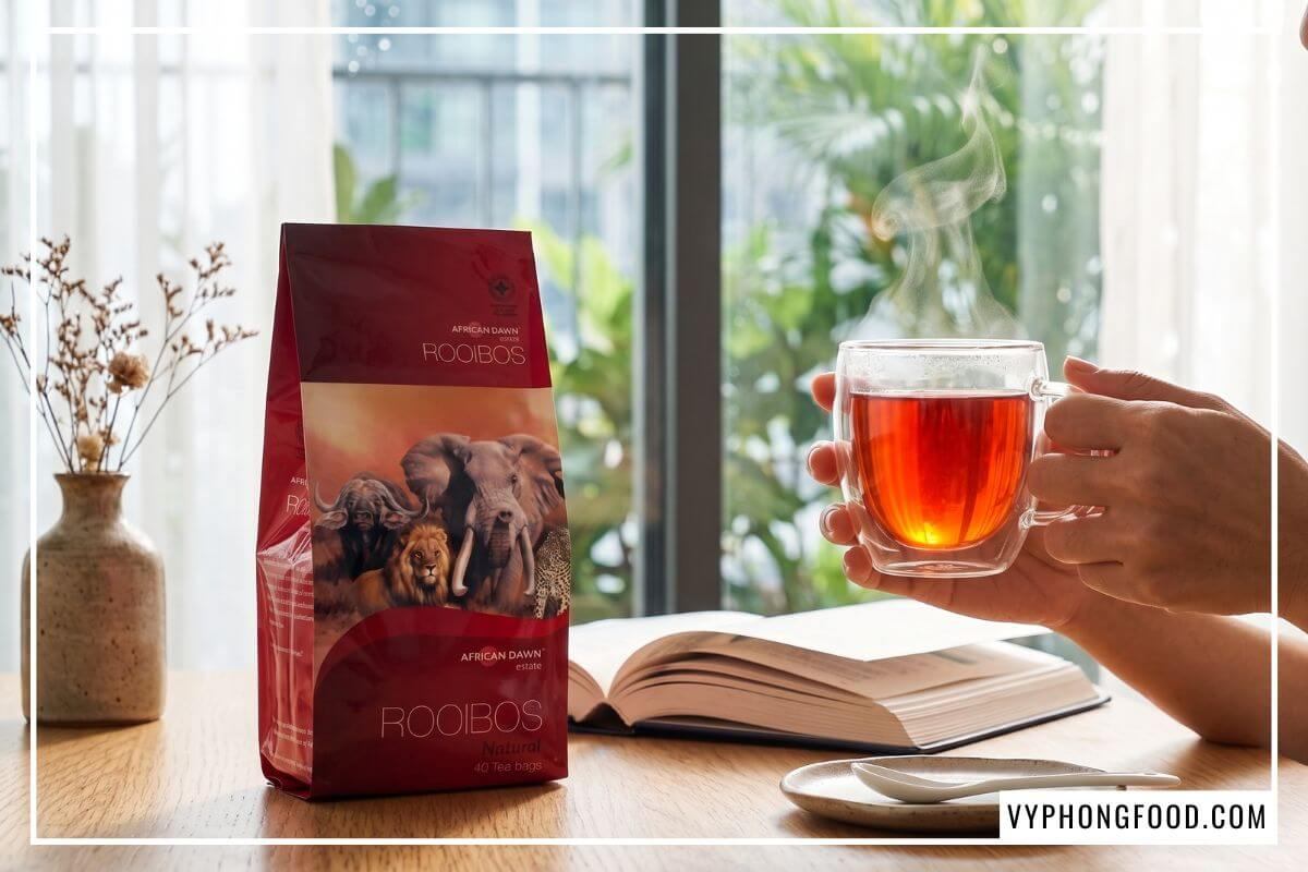 Tách hồng trà rooibos đỏ hổ phách và gói African Dawn minh họa thói quen uống trà tốt cho sức khỏe