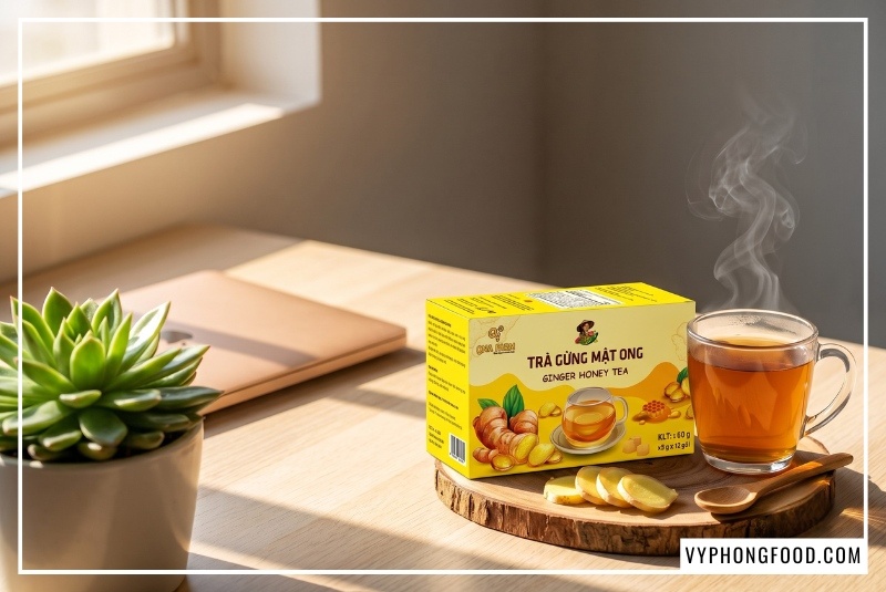 Cập nhật giá 1 hộp trà gừng mật ong QNA Farm Quảng Ngãi 60g đặt ngay ngắn trên bàn làm việc cạnh chiếc laptop, mang đến giải pháp bảo vệ sức khỏe tiện lợi cho dân văn phòng.