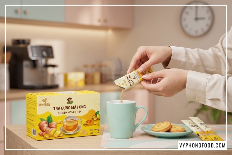 Nữ nhân viên văn phòng đang pha trà gừng hòa tan tại khu vực pantry công ty, minh họa cho sự tiện dụng xứng đáng với giá 1 hộp trà gừng mật ong QNA Farm Quảng Ngãi mang lại.