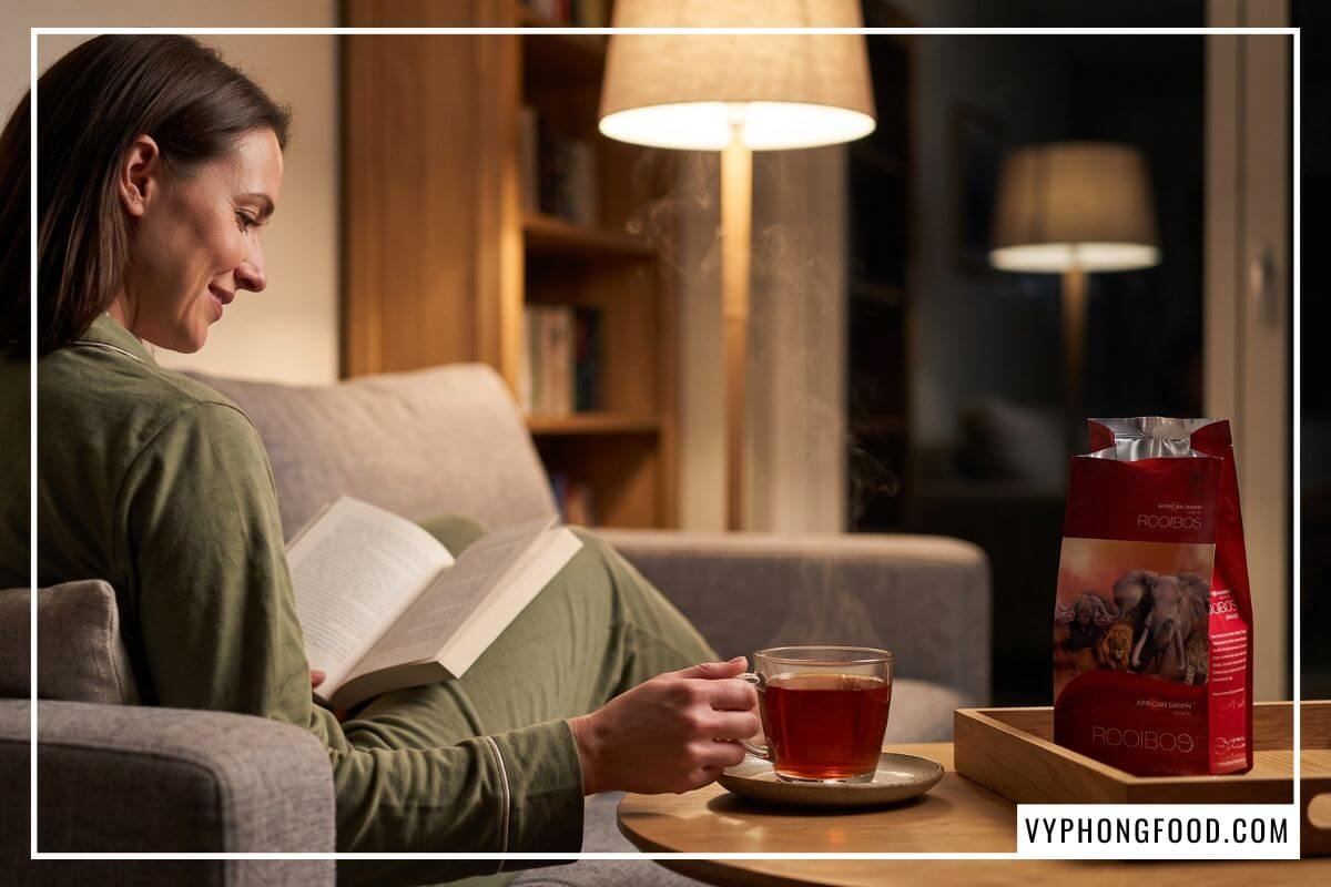 Tách trà không caffeine nghi ngút khói bên trang sách mở trên bàn trà phòng khách lúc đêm muộn