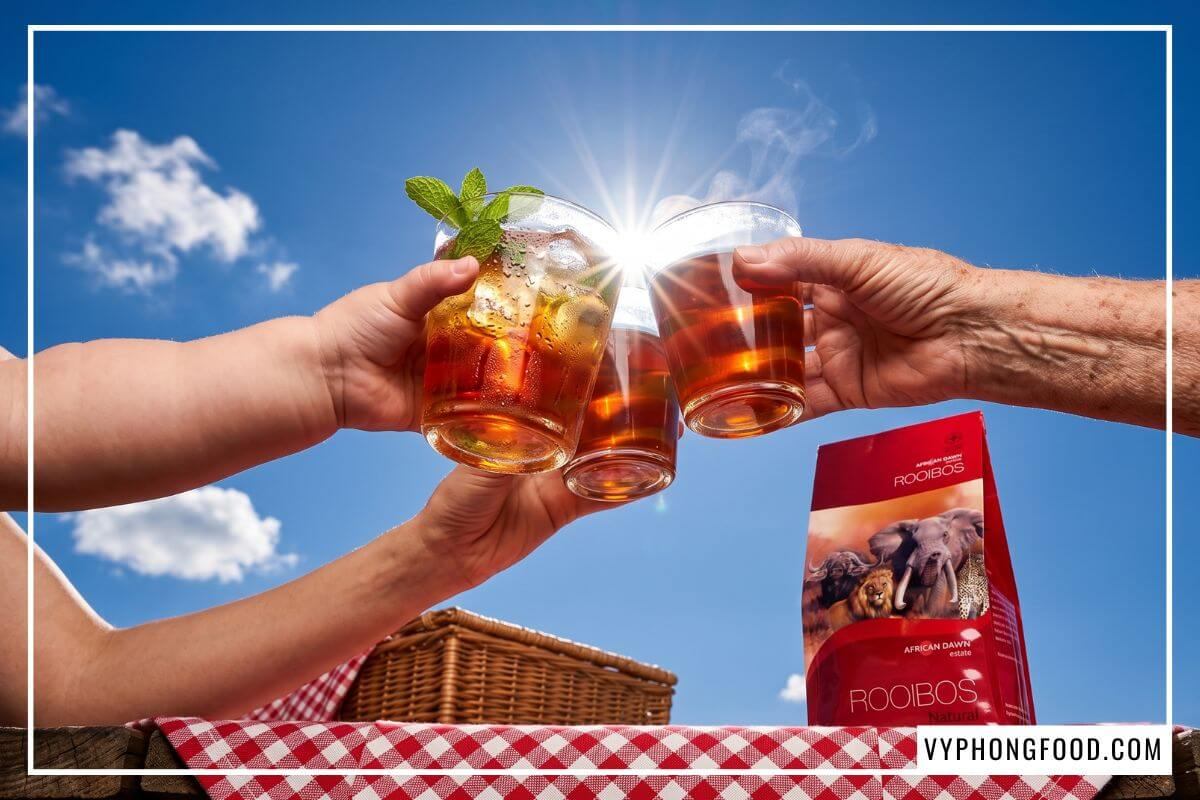 Góc ngước từ dưới lên thấy ba cánh tay cụng ly thủy tinh chứa nước màu đỏ sẫm dưới nền trời xanh ngắt.
