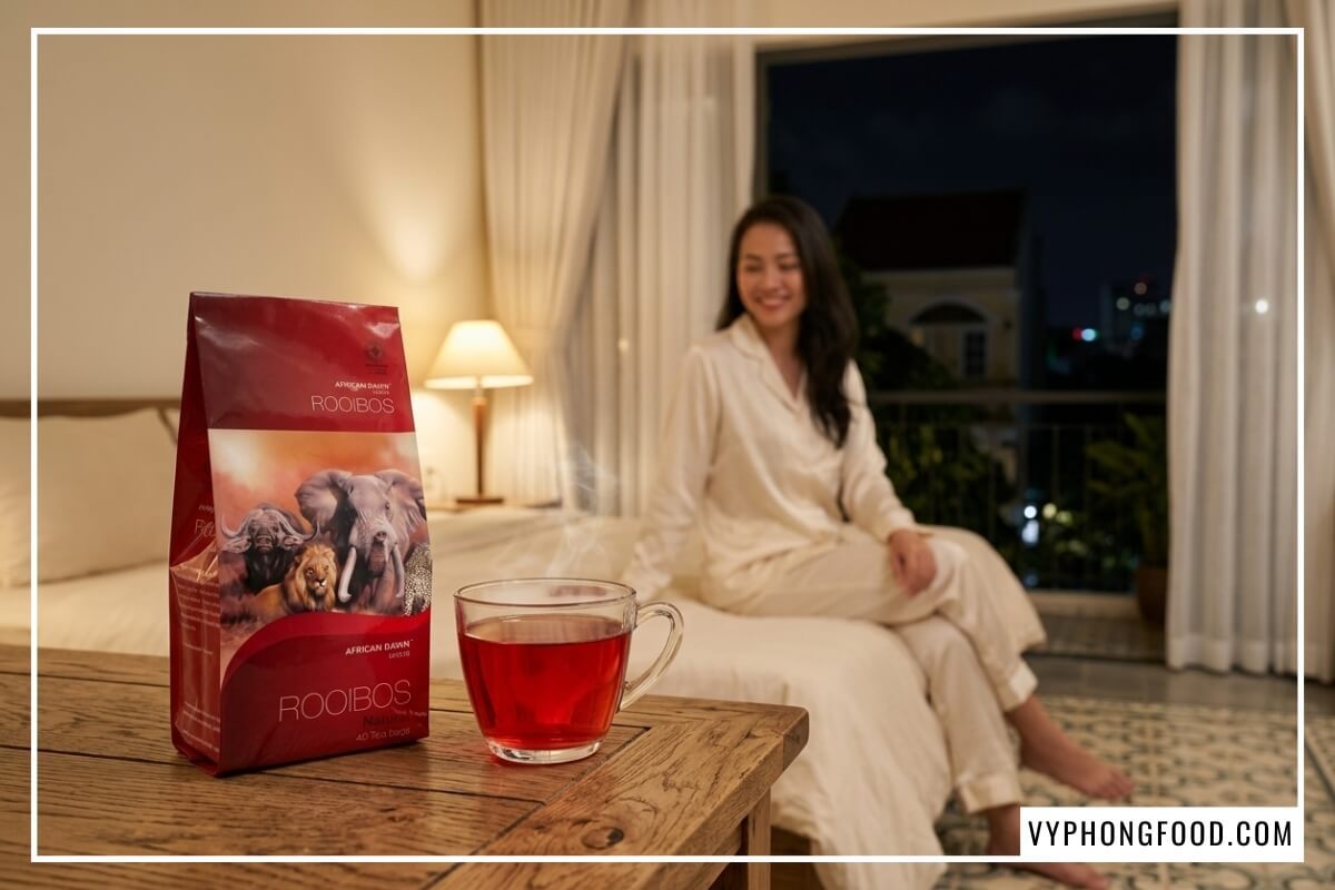 Phụ nữ uống tách trà rooibos cho người mất ngủ ấm áp cạnh gói trà thảo mộc African Dawn.