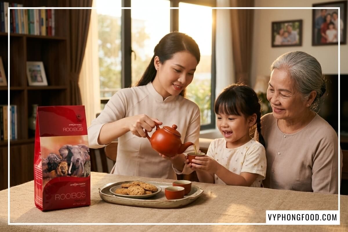 Mẹ rót tách trà rooibos cho người mất ngủ cho bà và bé gái bên khay bánh yến mạch.