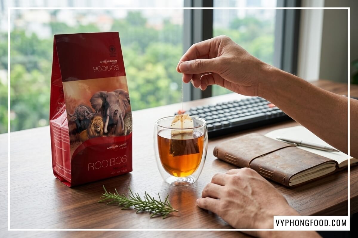 Tay nhấc trà thảo mộc túi lọc cạnh bao bì trà rooibos cho người mất ngủ.
