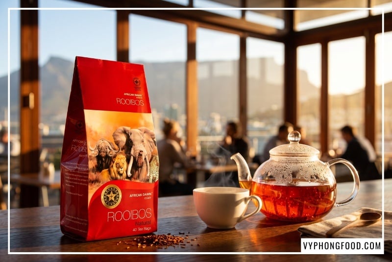 Gói trà rooibos giá sỉ African Dawn đặt bên ấm trà thủy tinh trên quầy bar gỗ view Núi Bàn Cape Town.