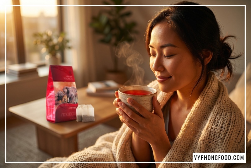 Tách trà rooibos Nam Phi nguyên chất với sắc đỏ nâu hổ phách bắt mắt, tỏa hương gỗ mộc mạc. Đây là thức uống thuộc nhóm trà thảo mộc không caffeine từ lá cây Aspalathus linearis, có tác dụng chống oxy hóa, hỗ trợ tiêu hóa và giúp ngủ ngon. Sản phẩm minh họa thuộc thương hiệu African Dawn cao cấp do Vy Phong Food phân phối.