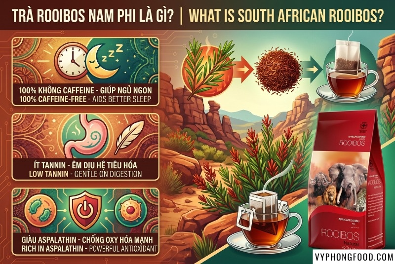 Tách trà rooibos Nam Phi nguyên chất với sắc đỏ nâu hổ phách bắt mắt, tỏa hương gỗ mộc mạc. Đây là thức uống thuộc nhóm trà thảo mộc không caffeine từ lá cây Aspalathus linearis, có tác dụng chống oxy hóa, hỗ trợ tiêu hóa và giúp ngủ ngon. Sản phẩm minh họa thuộc thương hiệu African Dawn cao cấp do Vy Phong Food phân phối.
