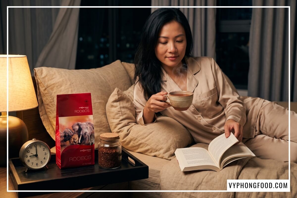 Tách trà ấm và gói African Dawn đầu giường nhờ đặt mua trà rooibos organic giao hàng nhanh buổi tối