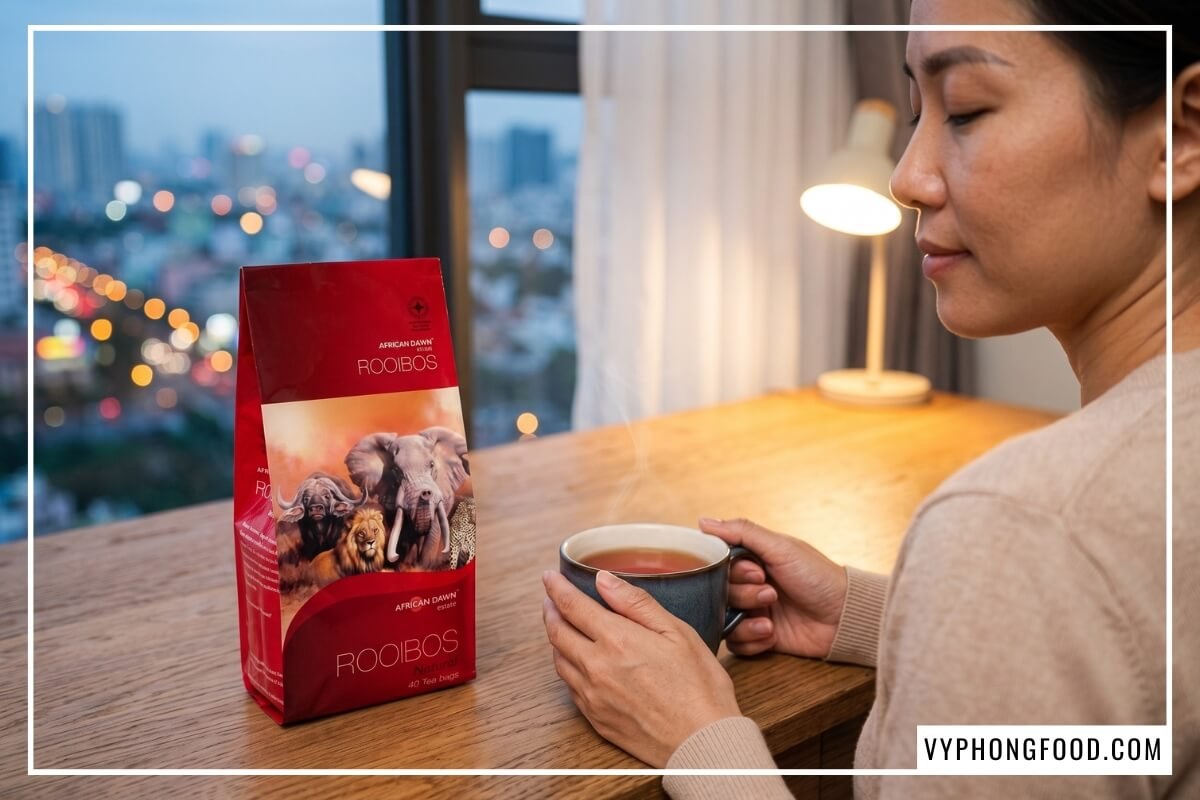 Gói trà rooibos African Dawn bên tách gốm bốc khói khi đặt mua trà rooibos organic giao hàng nhanh tại TP Hồ Chí Minh