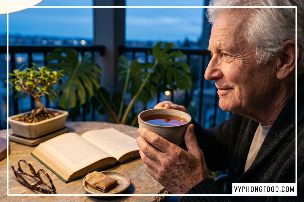 Cụ ông thưởng thức tách trà không chứa caffeine thơm ấm giúp ngủ ngon bên ban công chiều hoàng hôn