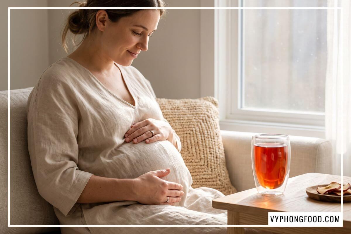 Mẹ bầu uống ly trà không chứa caffeine dịu nhẹ bên khung cửa sổ ngập nắng sáng dịu dàng