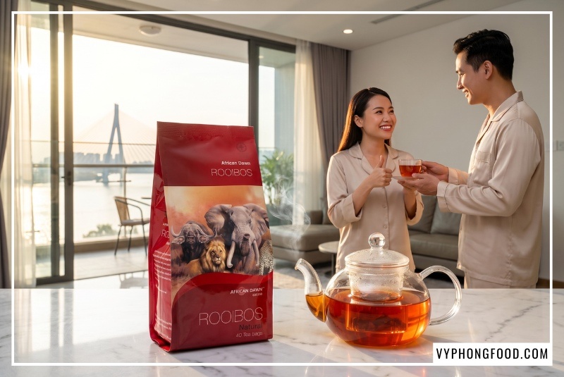 Gói hồng trà Rooibos túi lọc African Dawn cao cấp màu đỏ sẫm đứng cạnh bộ ấm trà thủy tinh phản chiếu sắc đỏ hổ phách lấp lánh trên bàn đá marble cẩm thạch trắng. Phía sau là ban công ngập nắng của căn hộ penthouse Thảo Điền nhìn ra sông Sài Gòn, nơi một cặp vợ chồng trẻ đang mỉm cười hạnh phúc giơ ngón tay cái thể hiện sự hài lòng khi áp dụng công thức pha chế trà thảo mộc thơm ngon cho ngày mới tràn đầy năng lượng.
