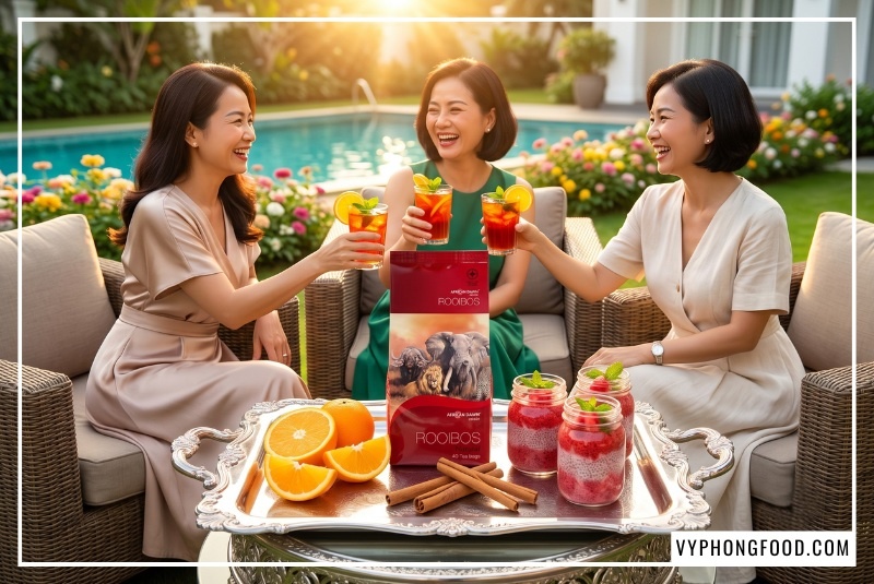 Gói hồng trà Rooibos túi lọc African Dawn chính hãng nằm ở vị trí trung tâm nổi bật trên khay bạc tiệc trà chiều thượng lưu kết hợp cùng các lát cam vàng tươi mọng, thanh quế nâu và ly pudding dâu tây bắt mắt. Hậu cảnh là sân vườn villa Phú Mỹ Hưng Quận 7 có hồ bơi xanh mát, nơi nhóm quý bà quý phái đang vui vẻ thưởng thức ly trà đá giải nhiệt theo công thức pha chế trà độc đáo tốt cho sức khỏe hệ chuyển hóa.