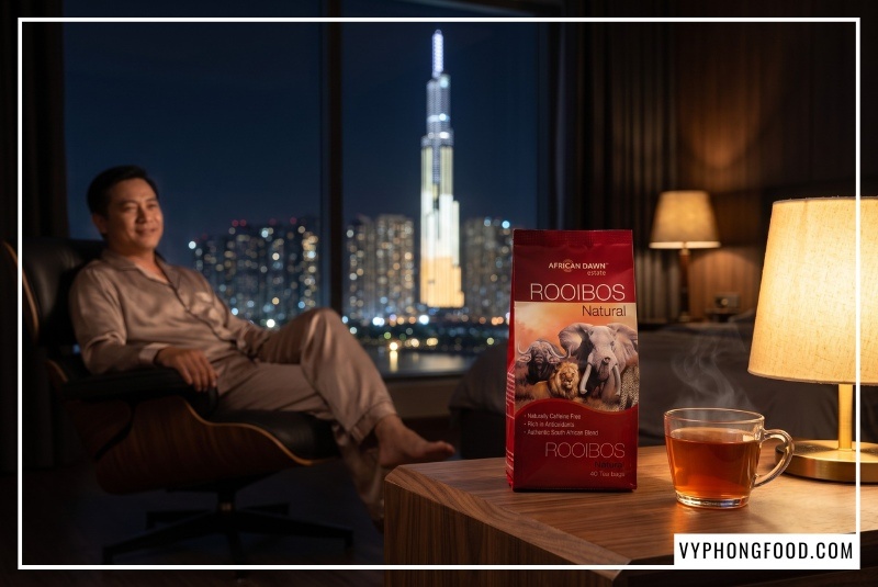Tách hồng trà Rooibos African Dawn ấm áp tỏa khói nhẹ đặt cạnh gói sản phẩm nguyên bản màu đỏ burgundy trên tab đầu giường bằng gỗ óc chó cao cấp trong phòng ngủ master căn hộ hạng sang. Qua ô cửa kính lớn là view thành phố Sài Gòn và tòa tháp Landmark 81 lung linh đèn đêm, nơi một người đàn ông thành đạt đang tự tại mỉm cười thư giãn bên ly trà ngủ ngon được chuẩn bị theo công thức pha chế trà không chứa caffeine tự nhiên.