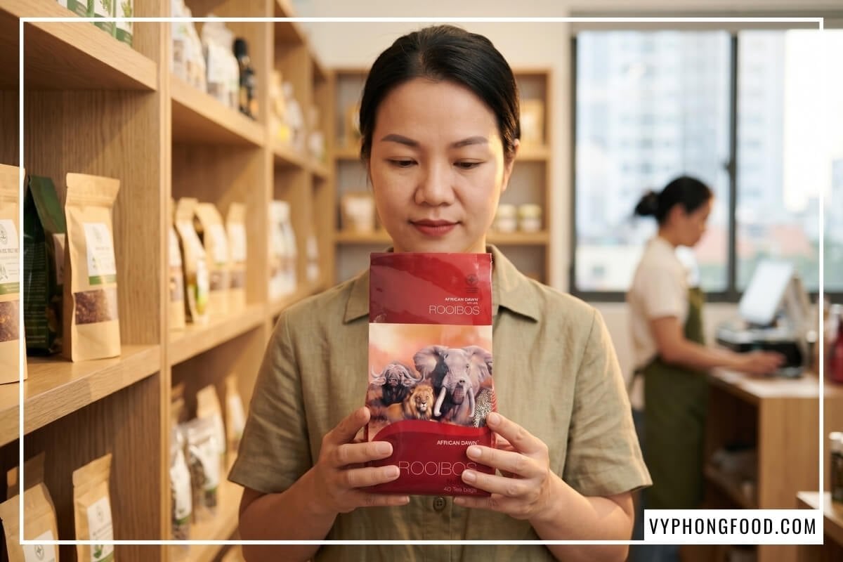 Phụ nữ chọn mua trà thảo mộc túi lọc rooibos túi lọc nhập khẩu chính hãng giá tốt trên kệ gỗ cửa hàng tại TP.HCM.