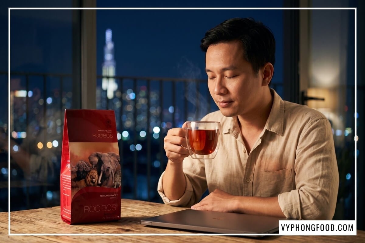 Người đàn ông nhâm nhi tách trà thảo mộc dễ ngủ màu đỏ hổ phách bên gói trà thảo mộc rooibos thương hiệu African Dawn buổi tối.