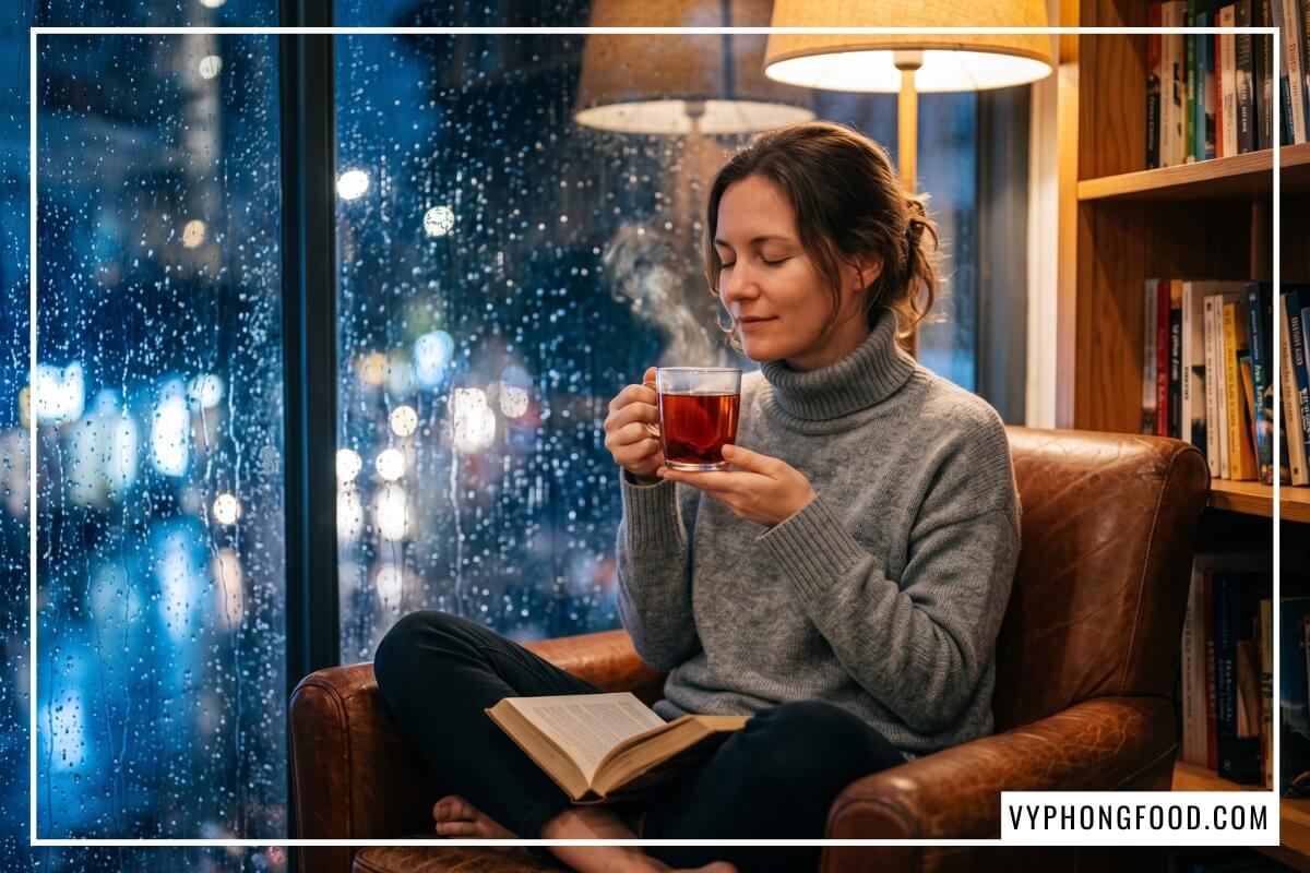 Phụ nữ ngồi ghế da ôm ly hồng trà rooibos ấm bên khung cửa sổ mưa ngắm ánh đèn phố đêm.
