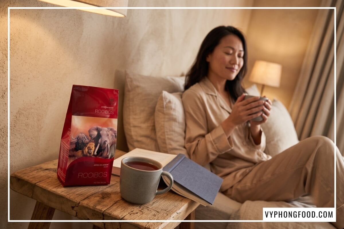Uống trà rooibos trước khi đi ngủ bên gói African Dawn trên bàn gỗ sồi ấm áp.