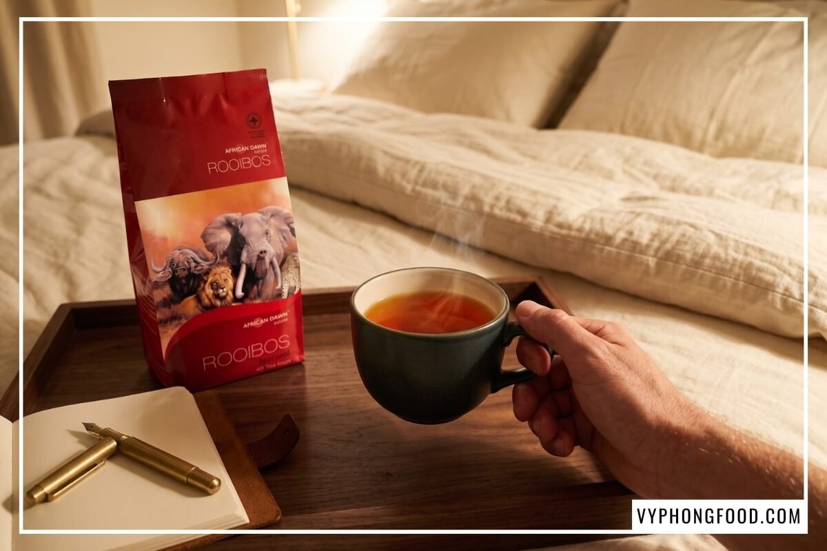 Tay cầm tách trà rooibos xanh rêu cạnh gói African Dawn trên khay gỗ đặt ở giường ngủ êm ái.