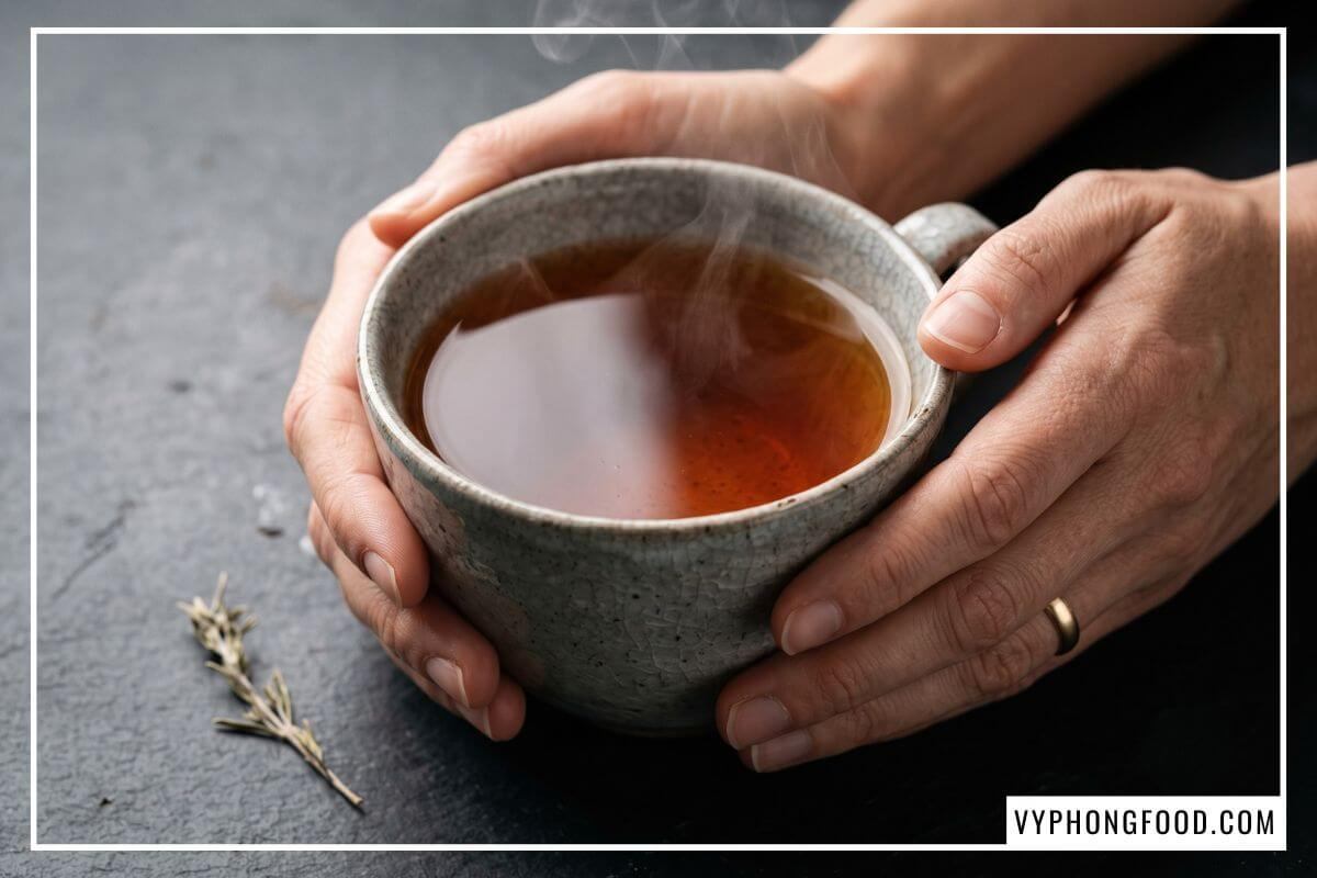 Đôi bàn tay mẹ bầu ôm ly gốm chứa nước hồng trà rooibos đỏ nâu sánh mịn trên mặt bàn đá mộc.