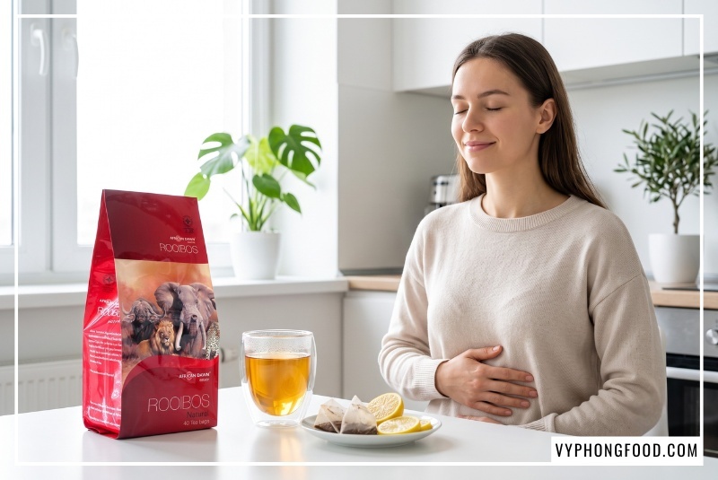 Phụ nữ mỉm cười nhẹ nhõm sau khi dùng trà rooibos không caffeine, minh chứng uống trà thảo mộc có tốt không.