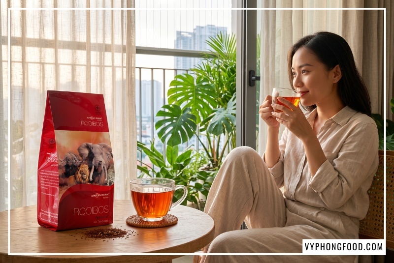 Phụ nữ Việt Nam nhâm nhi trà rooibos túi lọc Vy Phong Food để giải đáp uống trà thảo mộc có tốt không.