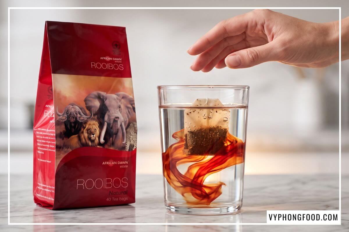 Sắc đỏ hổ phách của hồng trà rooibos Nam Phi lan tỏa trong ly nước sôi cạnh gói trà rooibos thương hiệu African Dawn 40 túi lọc.