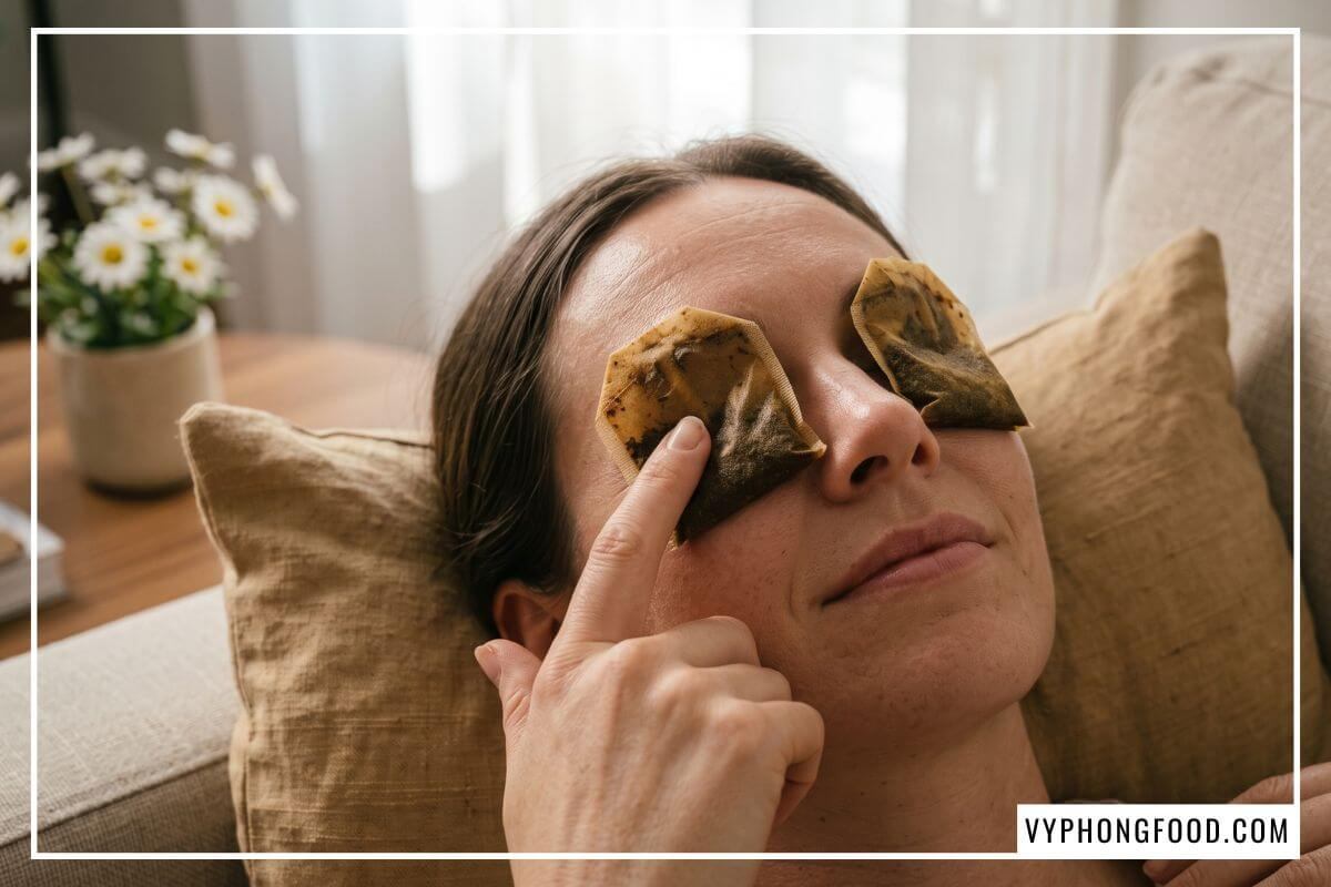 Phụ nữ đắp bã trà thảo mộc túi lọc rooibos lên mí mắt giải tỏa căng thẳng và dưỡng ẩm tự nhiên.