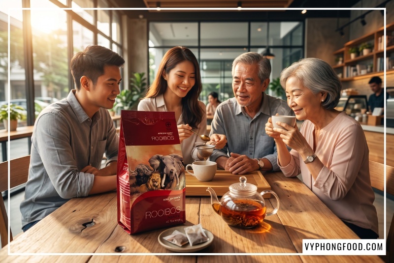 Khách hàng Việt Nam giơ ngón tay cái hài lòng bên gói hồng trà nam phi hữu cơ sỉ và tách trà Rooibos African Dawn phân phối chính hãng bởi vyphongfood.com.